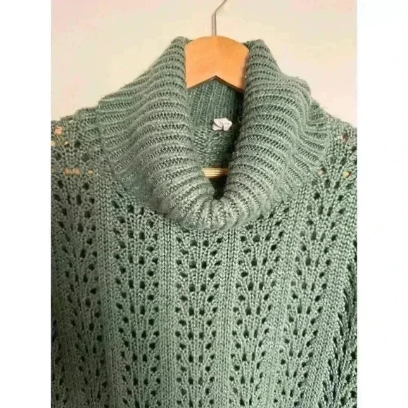 Wishlist Soft Green Sweater with Thick Cowl Neck and Open Knit Pattern Body S/M - Picture 2 of 6